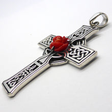Load image into Gallery viewer, Majestic Celtic Rosy Cross Pendant in 925 Sterling Silver | Rose hand carved from natural red coral | Rosicrucian | Crystal Heart Melbourne since 1986
