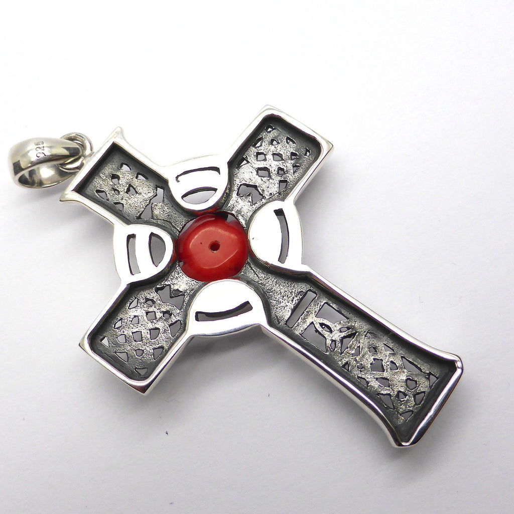 Majestic Celtic Rosy Cross Pendant in 925 Sterling Silver | Rose hand carved from natural red coral | Rosicrucian | Crystal Heart Melbourne since 1986