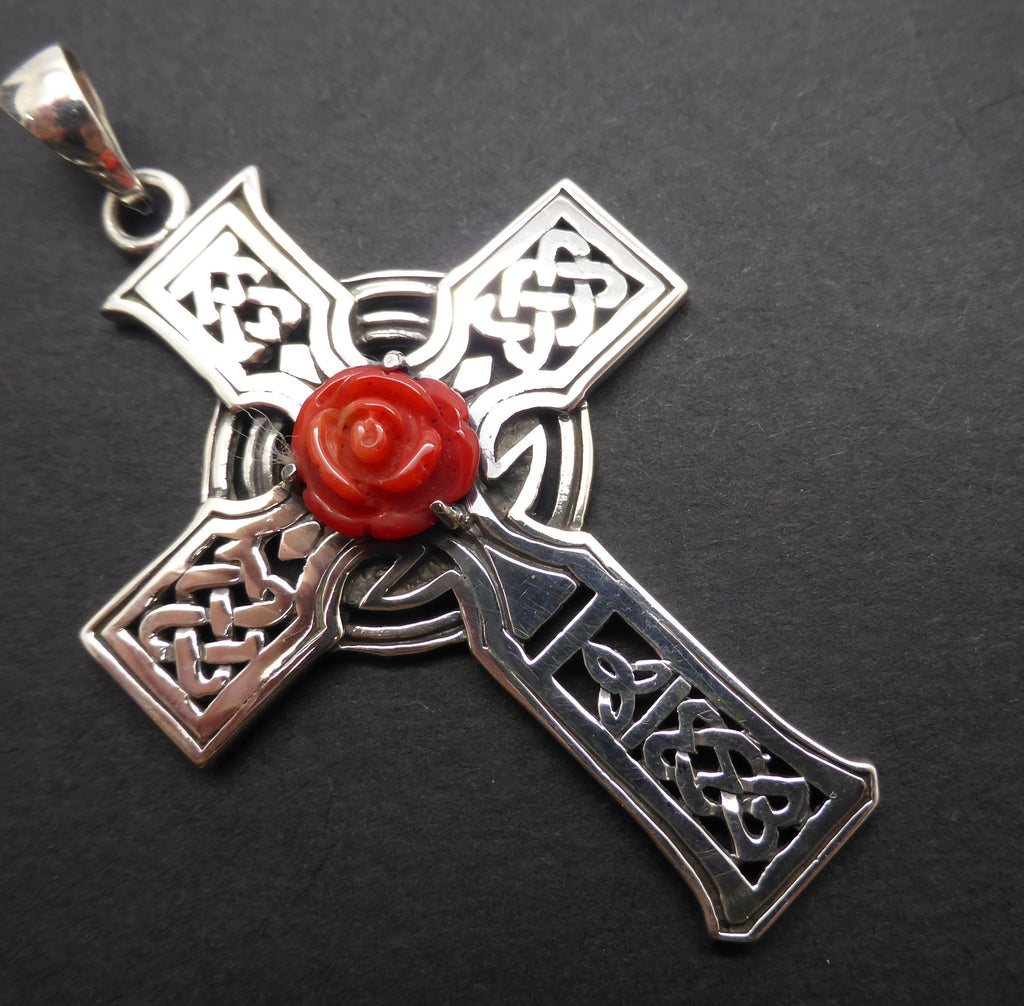 Traditional Celtic Cross Pendant | Solid 925 Sterling Silver | Rose hand carved from natural coral | Rosicrucian | Genuine Gems from Crystal Heart Melbourne since 1986