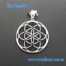 Load image into Gallery viewer, Seed of life Pendant with Gemstone | 925 Sterling Silver | Sapphire or Tsavorite | Harmonise with the Universe | Crystal Heart Australia since 1986