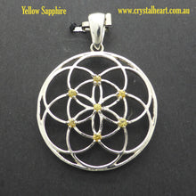 Load image into Gallery viewer, Seed of life Pendant with Gemstone | 925 Sterling Silver | Sapphire or Tsavorite | Harmonise with the Universe | Crystal Heart Australia since 1986