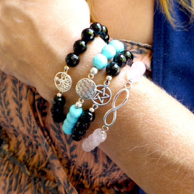 Black Onyx Gemstone Charm Bracelet | Tree of Life or Pentacle in 925 Sterling Silver | Crystal Heart Melbourne Australia since 1986