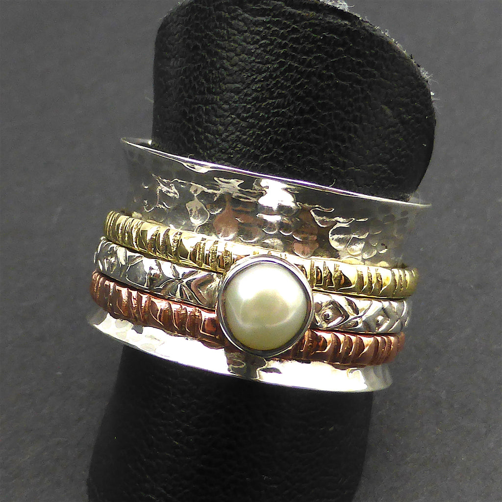 Hammered Silver Ring with Spinning 3 tone band & Freshwater Pearl | 925 Sterling Silver | Crystal Heart Melbourne Australia since 1986