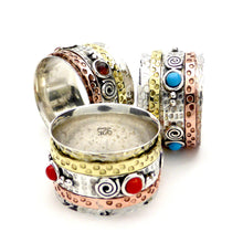 Load image into Gallery viewer, 3 tone ring with spiRed Coral Ring ~ 4 stones set in spinning bands | Gold Silver Copper tones | interesting beaten metal | 925 Sterling Silver Copper Brass | Crystal Heart Carlton Australia since 1986 | Israeli stylenning bands | 925 Sterling Silver Copper Brass | Turquoise Cabs | Crystal Heart Melbourne Australia since 1986