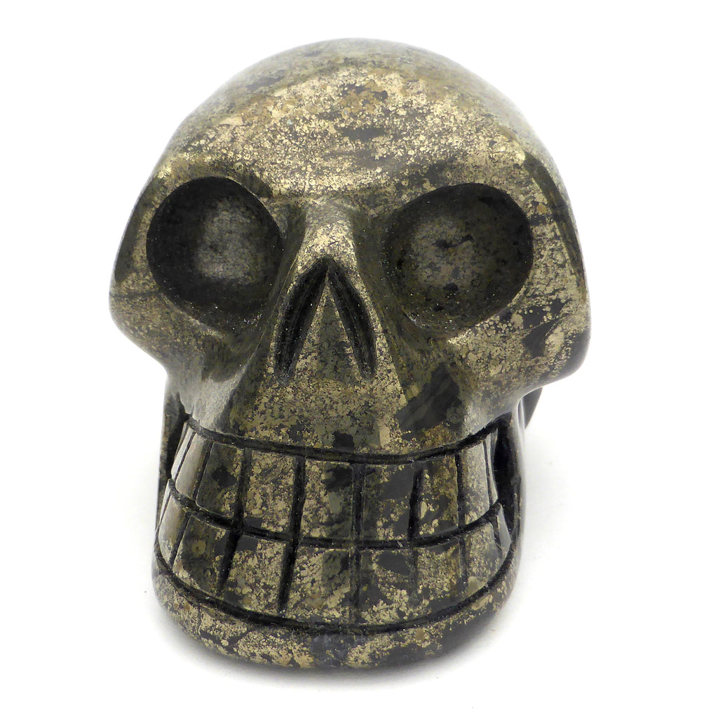 Skull Hand Carved from Healers Gold | Pyrites | Magnetite | Crystal Heart Melbourne Australia since 1986
