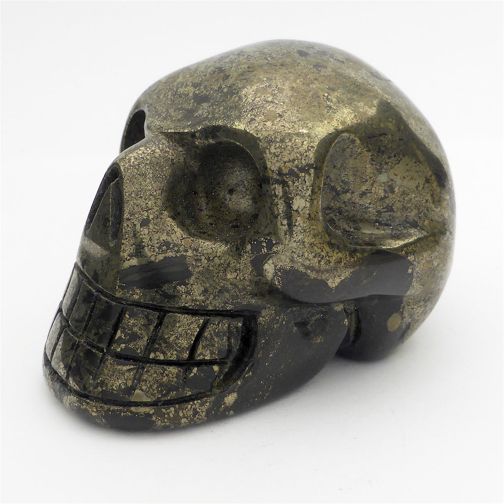 Skull Hand Carved from Healers Gold | Pyrites | Magnetite | Crystal Heart Melbourne Australia since 1986