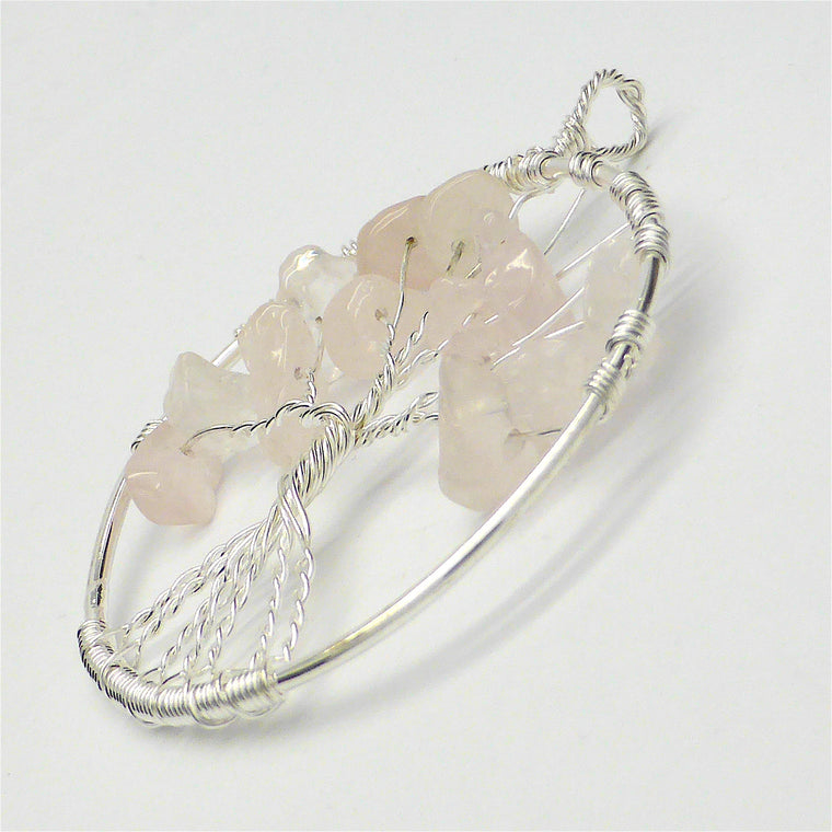 Gemstone Tree Pendant, Rose Quartz Chips, Silver plated