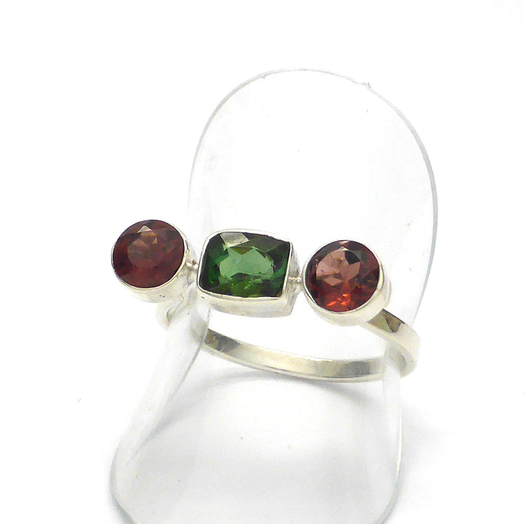 Tourmaline Ring, Faceted Red and Green Stones, 925 Silver kt