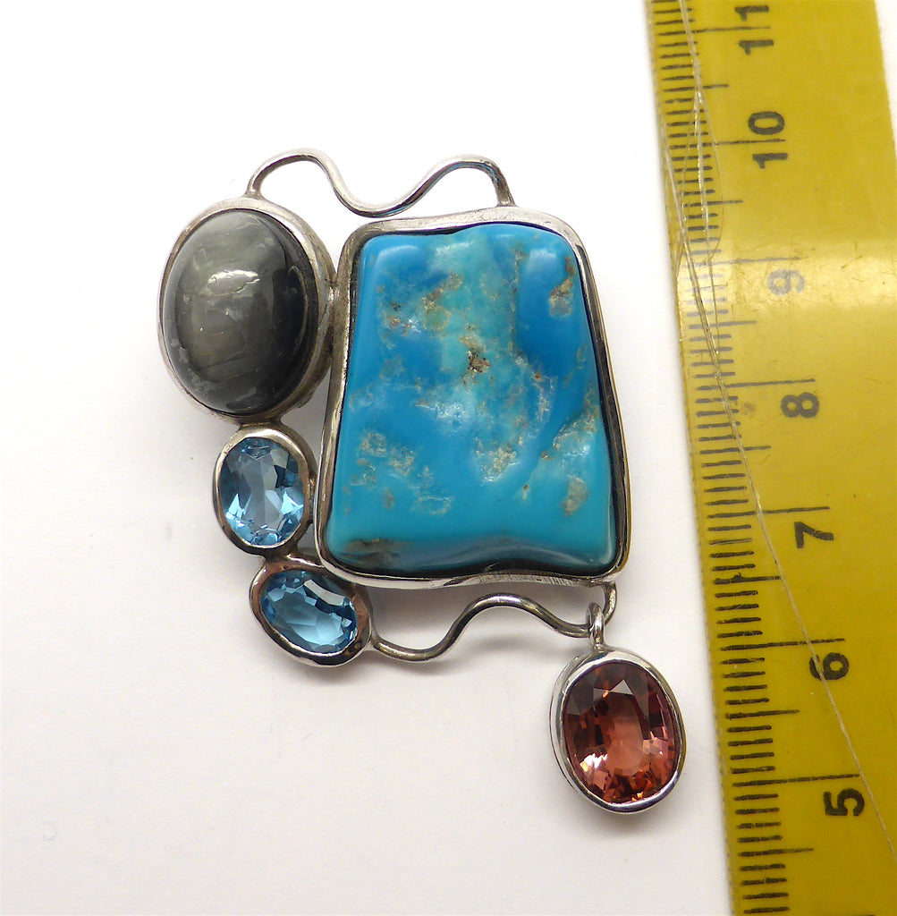 Pendant Arizona Turquoise with Cats Eye, Topaz, Pink Tourmaline | 925 Sterling Silver | White Gold Plate |Crystal Heart Melbourne since 1986