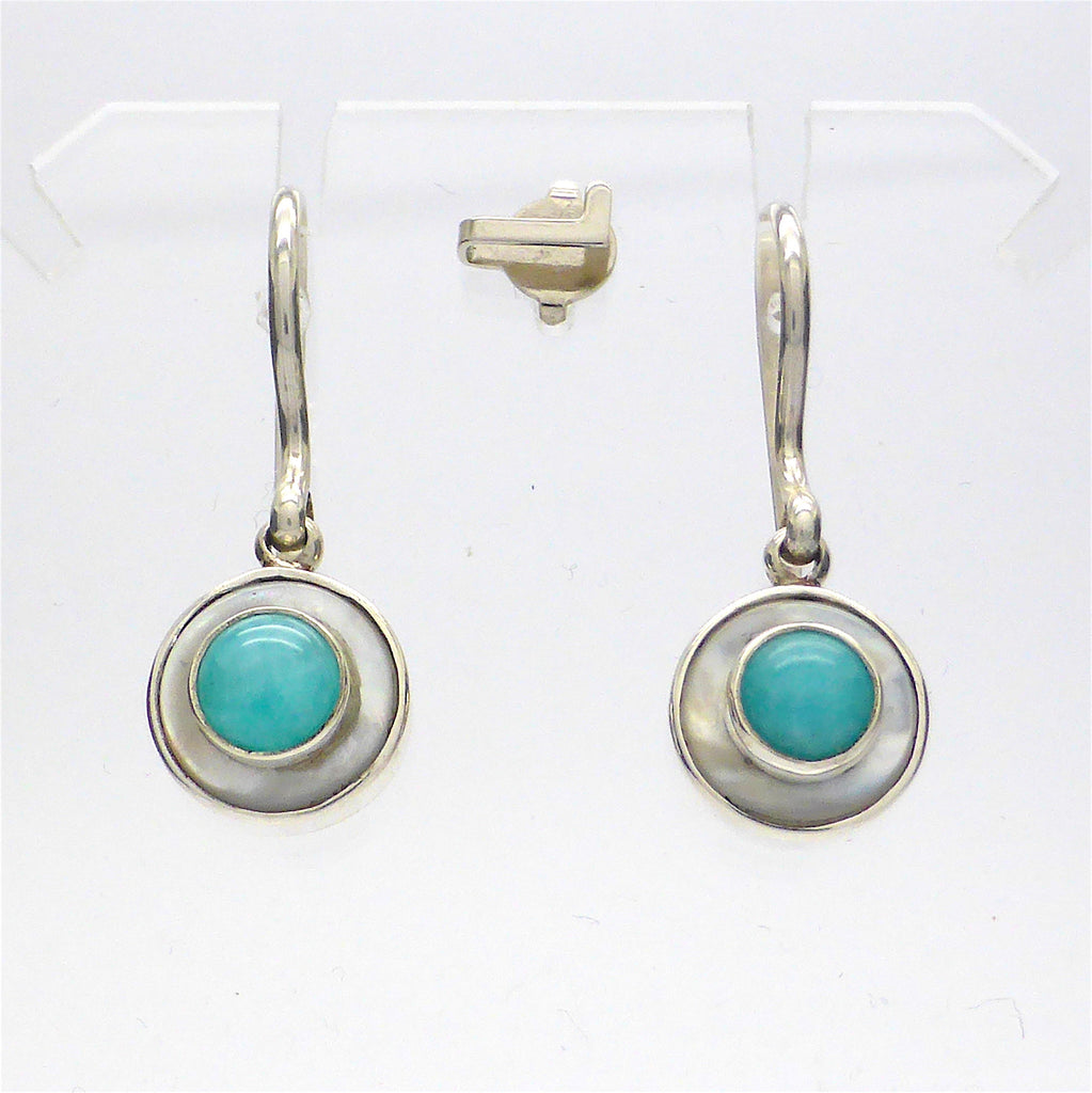 Amazonite & Mother of Pearl Cabochon Earring | Genuine Mother of Pearl Border | 925 Sterling Silver | Virgo Stone | Blue Green Feldspar | Crystal Heart Melbourne Australia since 1986