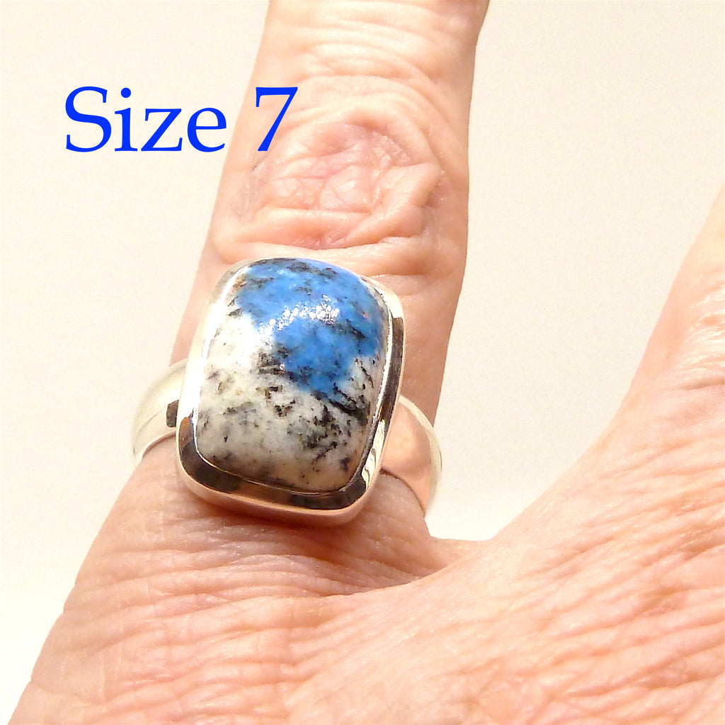 K2 = Azurite flowers in white Granite | Ring US size 7 | 925 Sterling Silver | Oblong Cab | Spiritual insight grounded relaxed | Crystal Heart Melbourne  1986