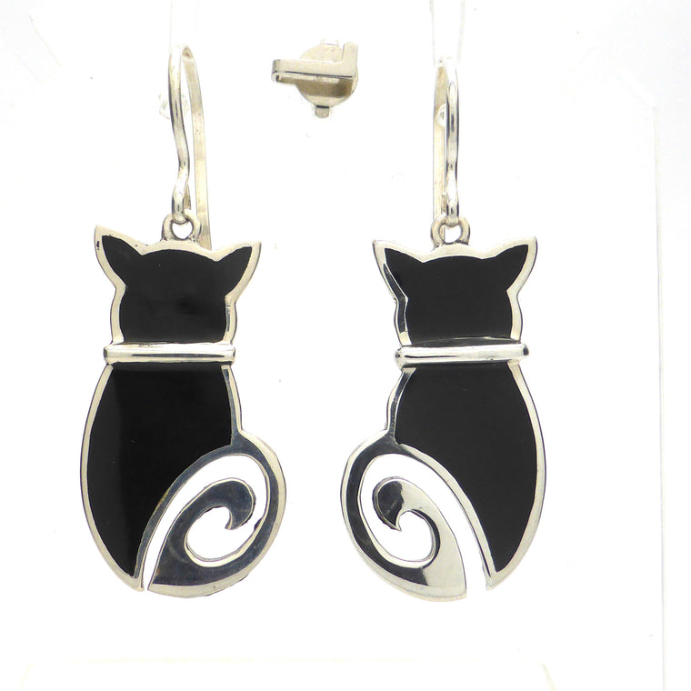 Black Onyx Cat Earring and Pendant, 925 Sterling Silver