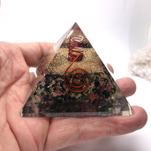 Load image into Gallery viewer, Orgonite Pyramid with chips of Black Green and Red Tourmaline | Copper Spirals | Clear Quartz Crystal Point Conduit | Accumulate Orgone Energy | Grounded heart warming &amp; empowering | Crystal Heart Melbourne Australia since 1986