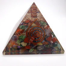 Load image into Gallery viewer, Orgonite Pyramid with Chakra Stones | Clear Crystal Point conduit in Copper Spiral | Accumulate Orgone Energy | Wholesome Energy and Balance | Crystal Heart Melbourne Australia since 1986