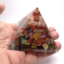 Load image into Gallery viewer, Orgonite Pyramid with Chakra Stones | Clear Crystal Point conduit in Copper Spiral | Accumulate Orgone Energy | Wholesome Energy and Balance | Crystal Heart Melbourne Australia since 1986