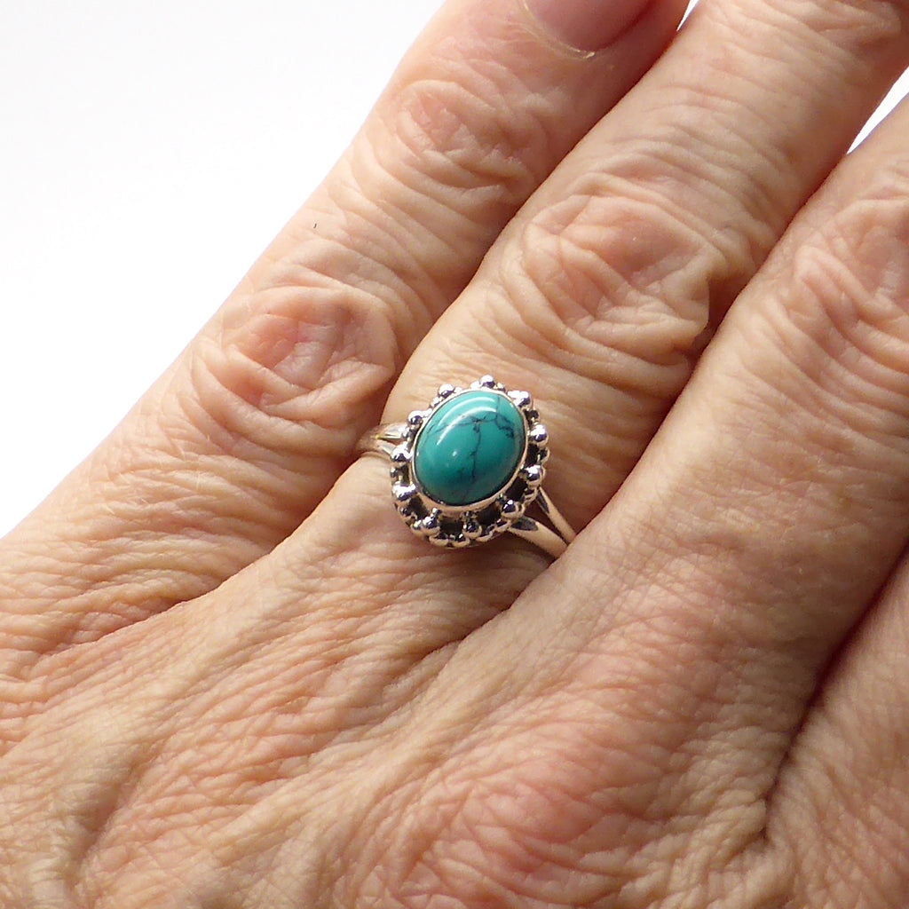 Turquoise Ring ( reconstituted |  | Oval Cabochon | Detailed 925 Sterling Silver | Smaller Style | Size 5,6,7,8,9,10 | Crystal Heart Melbourne Australia since 1986