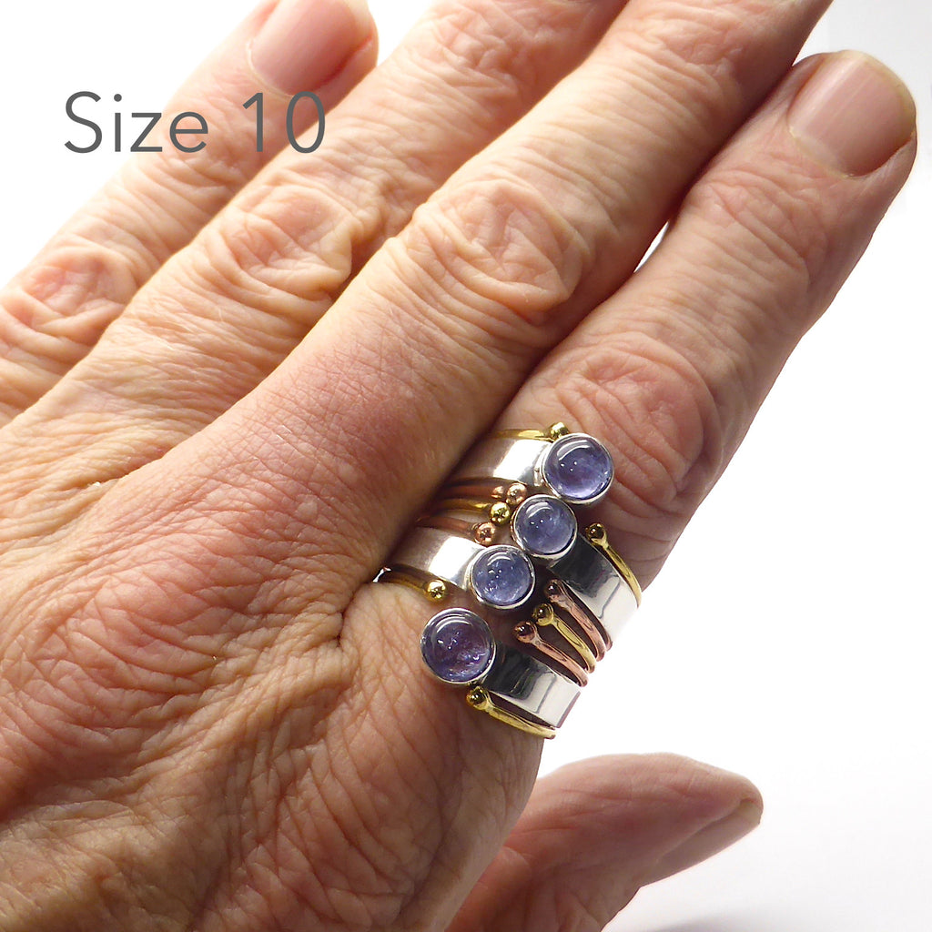 Ring with genuine Tanzanite Cabochons | Wrap around Designer style | 925 Sterling Silver with gold accents | Size 10| Crystal Heart Melbourne Australia since 1986