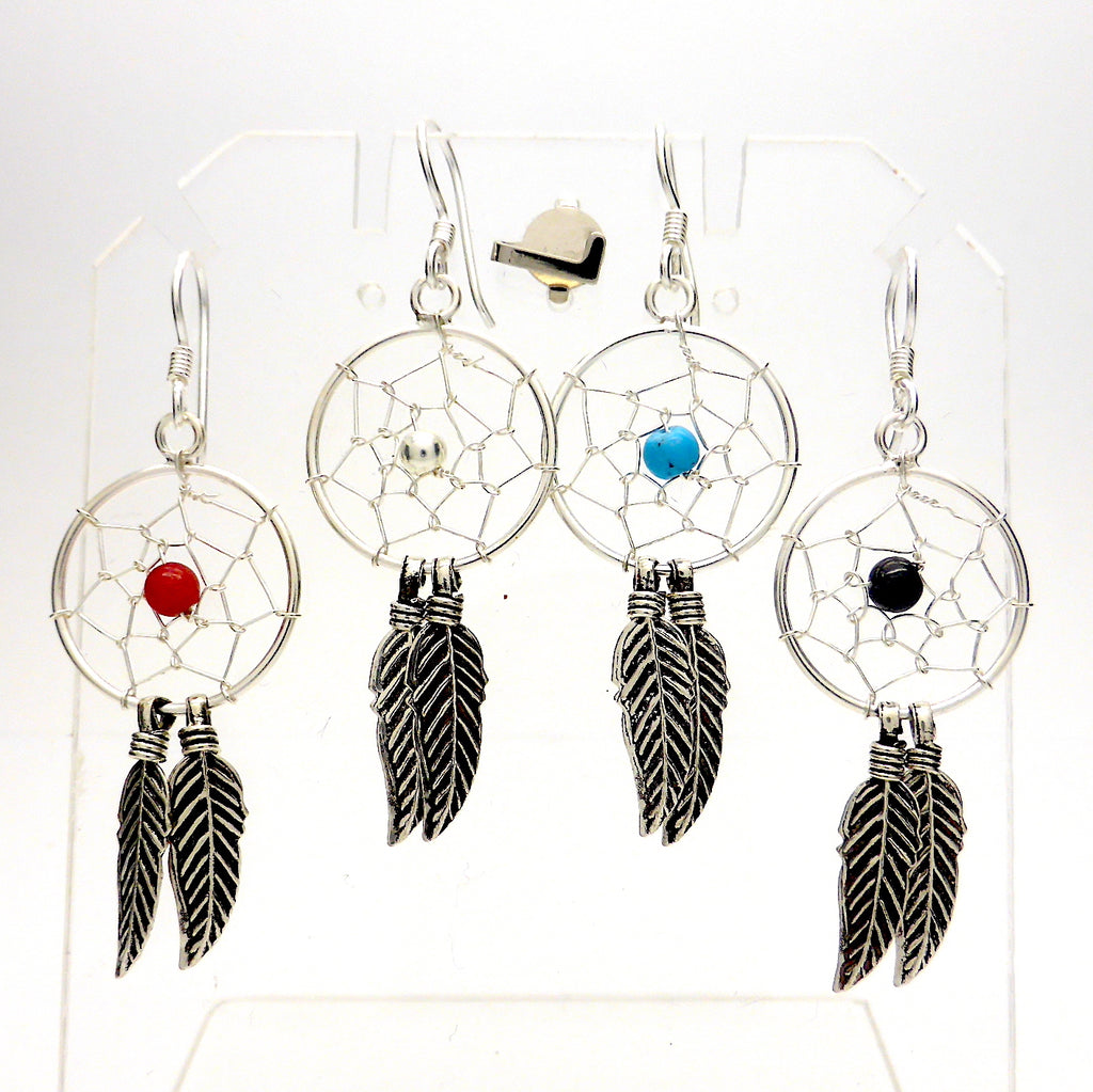 Dreamcatcher Earrings | 925 Sterling Silver | Oxidised Silver Feathers | Coral | Turquoise | Onyx |  Crystal Heart Melbourne Australia since 1986