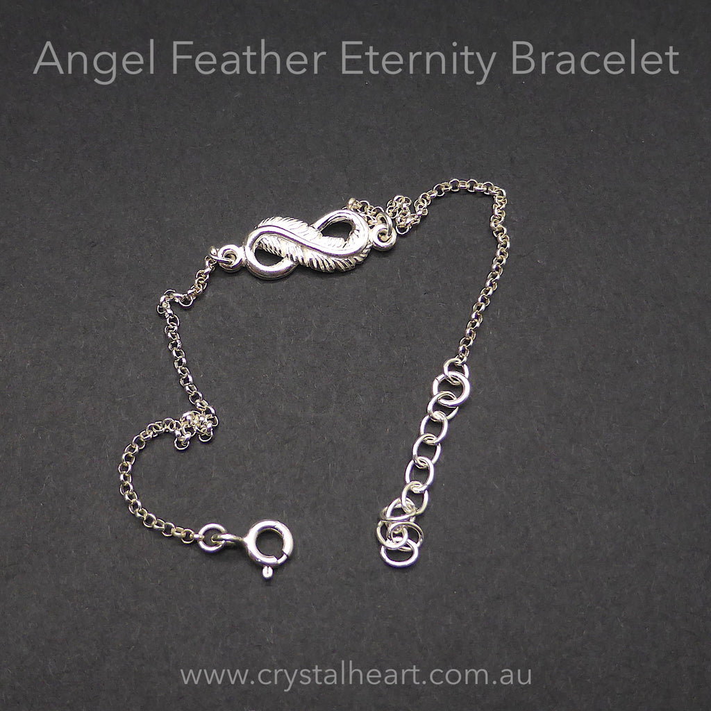 Feather Infinity Symbol Bracelet | 925 Sterling Silver | Fine Detail | Dainty | Length adjustable 16 to 18 cms | Crystal Heart Melbourne Australia since 1986