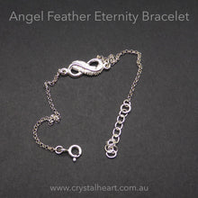 Load image into Gallery viewer, Feather Infinity Symbol Bracelet | 925 Sterling Silver | Fine Detail | Dainty | Length adjustable 16 to 18 cms | Crystal Heart Melbourne Australia since 1986