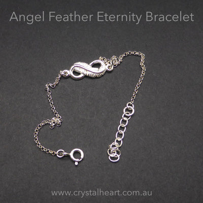 Feather Infinity Symbol Bracelet | 925 Sterling Silver | Fine Detail | Dainty | Length adjustable 16 to 18 cms | Crystal Heart Melbourne Australia since 1986