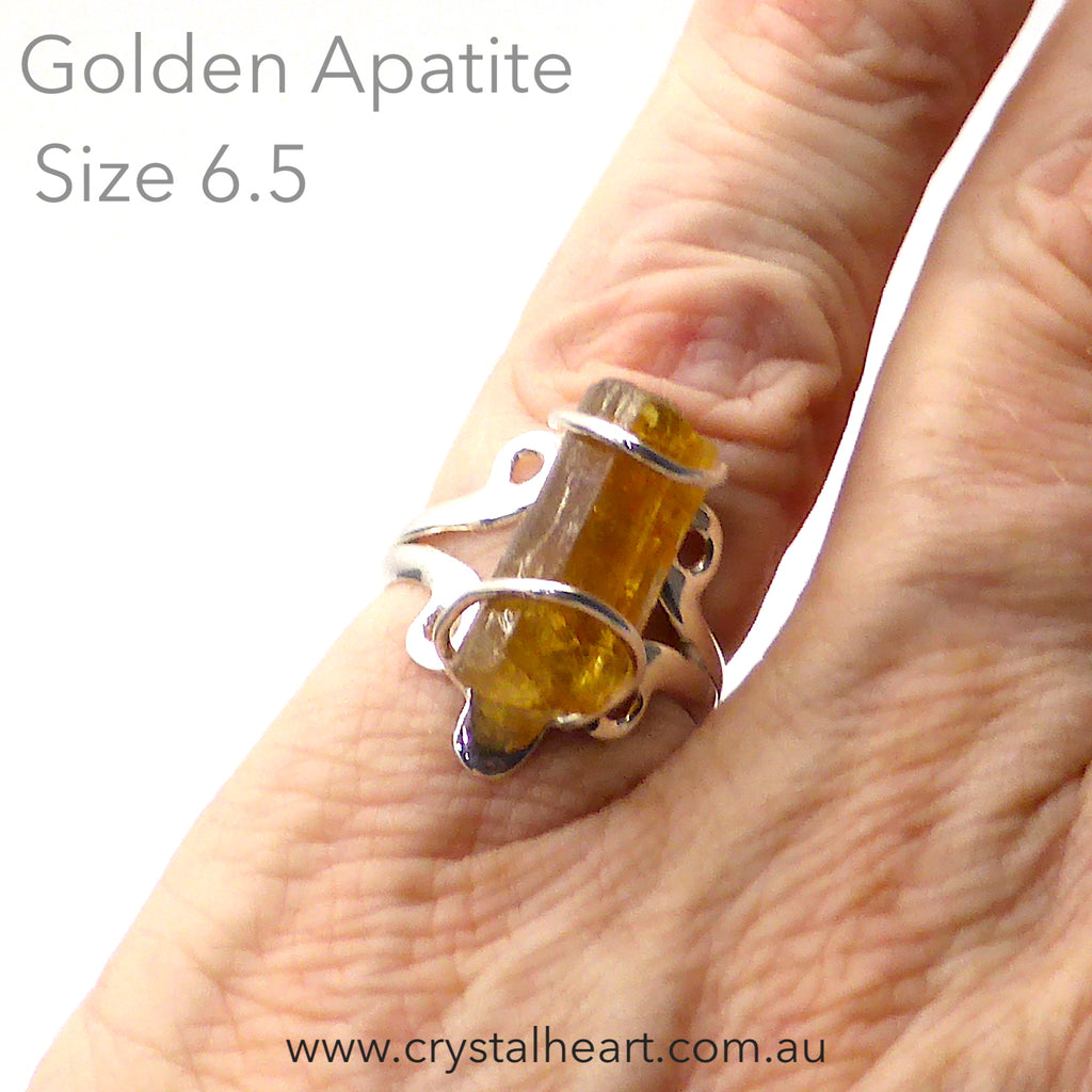 Golden Apatite Ring | Raw Uncut Crystal | Nice clean lines | 925 Sterling Silver | Size 6.5 | Crystal Heart Melbourne Australia since 1986