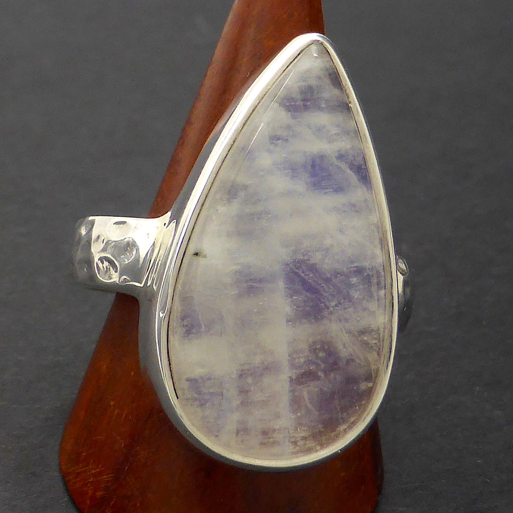 Ring Rainbow Moonstone | Teardrop Cabochon | 925 Silver | Curved besel | Hammered Shank | US Size 8  | Cancer Libra Scorpio | Crystal Heart Melbourne Australia 1986
