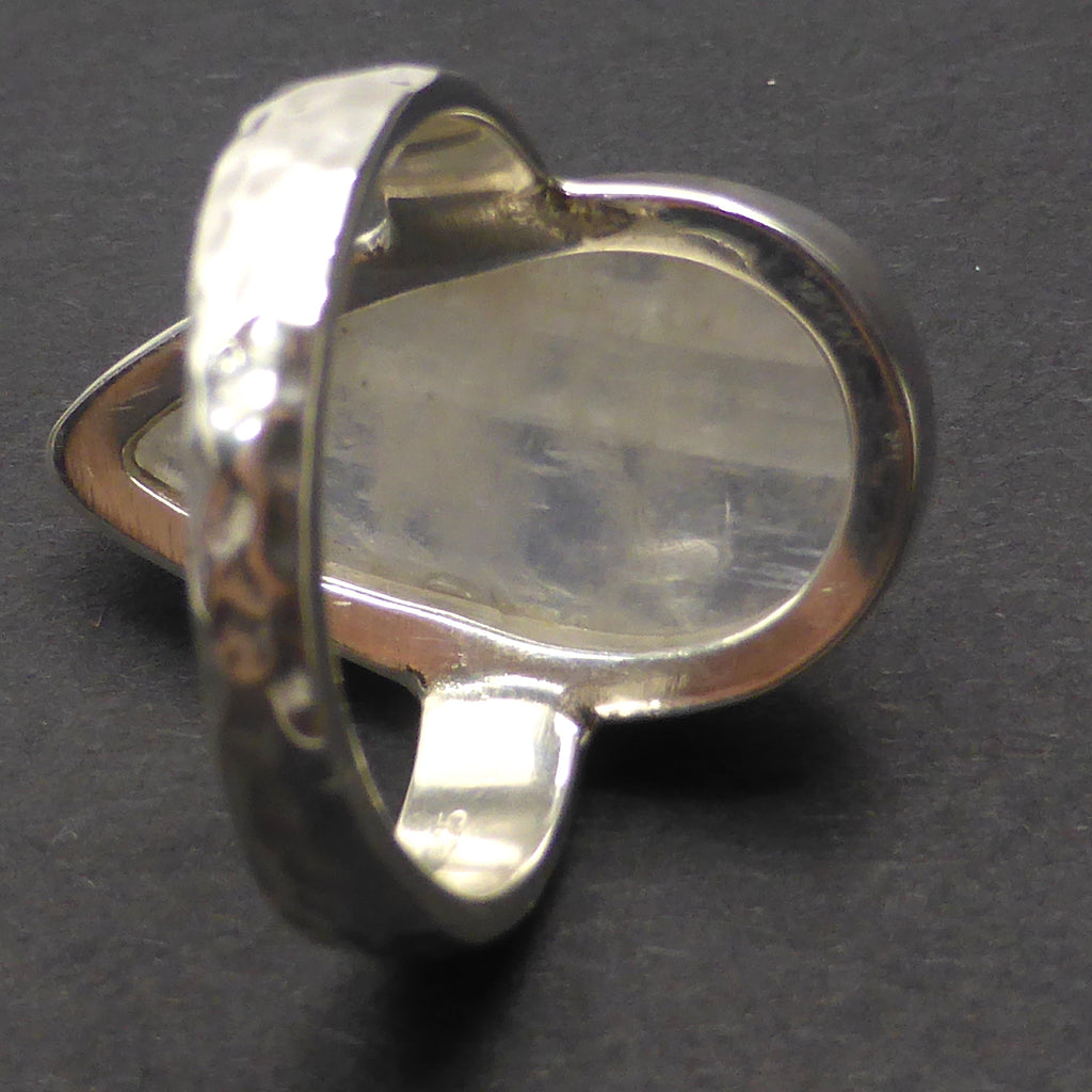 Ring Rainbow Moonstone | Teardrop Cabochon | 925 Silver | Curved besel | Hammered Shank | US Size 8  | Cancer Libra Scorpio | Crystal Heart Melbourne Australia 1986