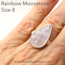 Load image into Gallery viewer, Ring Rainbow Moonstone | Teardrop Cabochon | 925 Silver | Curved besel | Hammered Shank | US Size 8  | Cancer Libra Scorpio | Crystal Heart Melbourne Australia 1986