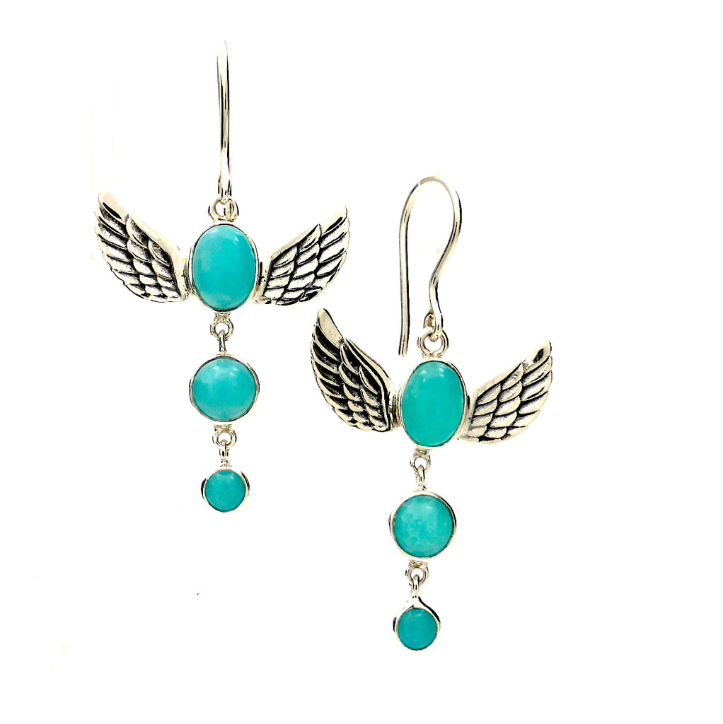 Amazonite Earrings | Feathered Angel Wings uplift 3 translucent stones | 925 Sterling Silver | Blue Green Feldspar | Crystal Heart Melbourne Australia since 1986