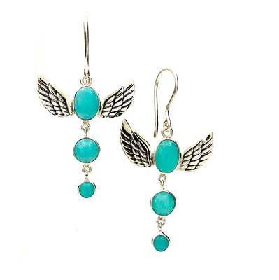 Amazonite Earrings | Feathered Angel Wings uplift 3 translucent stones | 925 Sterling Silver | Blue Green Feldspar | Crystal Heart Melbourne Australia since 1986