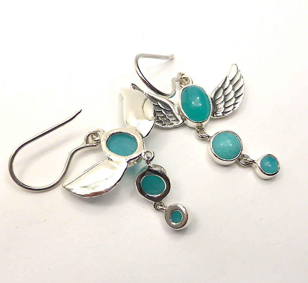 Amazonite Earrings | Feathered Angel Wings | 3 translucent stones | 925 Sterling Silver | Blue Green Feldspar | Crystal Heart Melbourne Australia since 1986