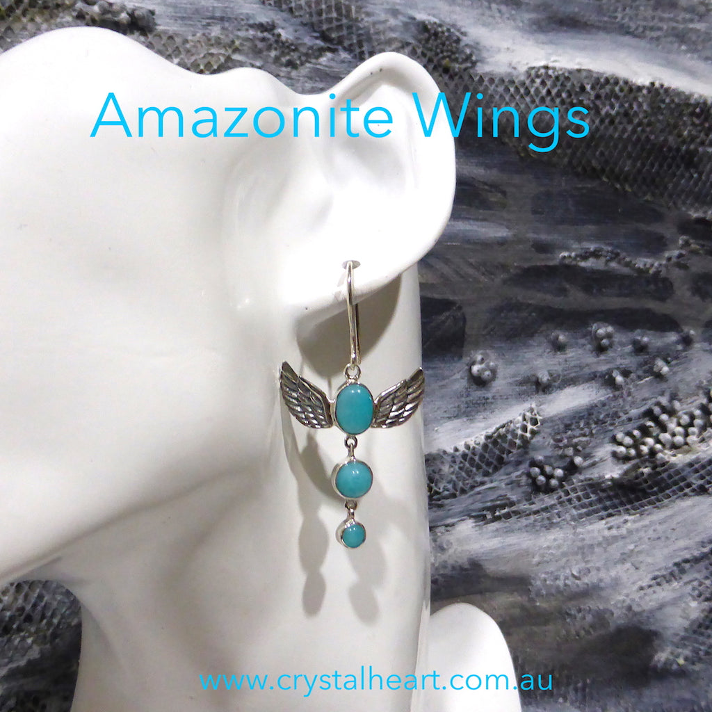Amazonite Earrings | Feathered Angel Wings uplift 3 translucent stones | 925 Sterling Silver | Blue Green Feldspar | Crystal Heart Melbourne Australia since 1986