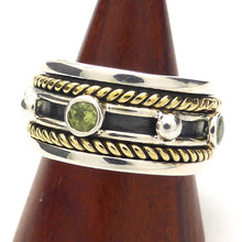 Load image into Gallery viewer, Spinner Ring with Peridot | 2 tone | 925 Sterling Silver | 4 Faceted stones set in spinning band over oxidised Silver held by Gold Plated Knotwork | Steampunk | Crystal Heart Melbourne Australia since 1986