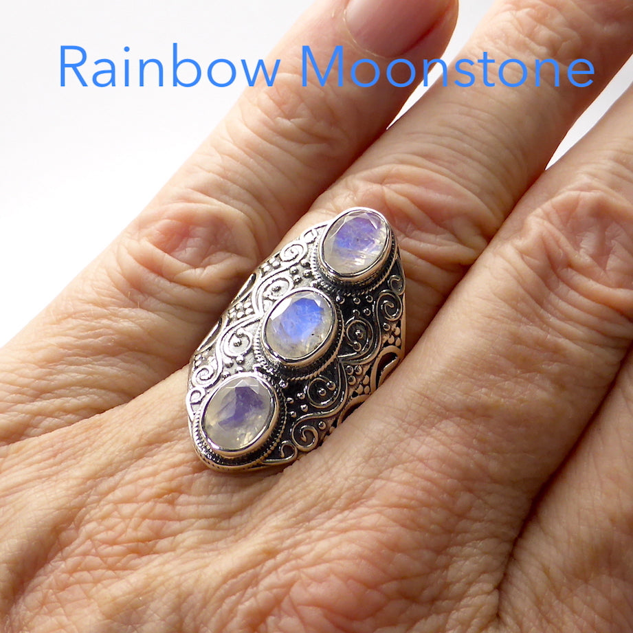Rainbow Moonstone Ring | Richly Detailed 925 silver | 3 Faceted gemstones in line | Rich blue flashes | Empowering Design | Crystal Heart Melbourne Australia since 1986