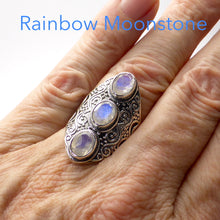 Load image into Gallery viewer, Rainbow Moonstone Ring | Richly Detailed 925 silver | 3 Faceted gemstones in line | Rich blue flashes | Empowering Design | Crystal Heart Melbourne Australia since 1986