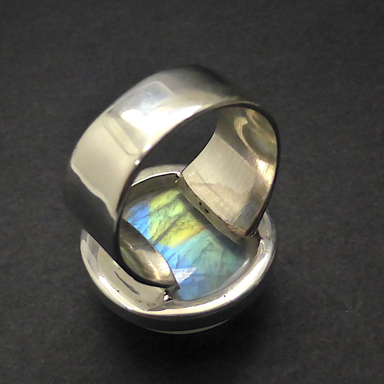 Ring Rainbow Moonstone | Round Cabochon | Gold Chevron | 925 Silver | US Size 7.75 | Cancer Libra Scorpio | Crystal Heart Melbourne Australia 1986