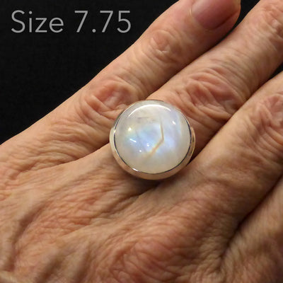 Ring Rainbow Moonstone | Round Cabochon | Gold Chevron | 925 Silver | US Size 7.75 | Cancer Libra Scorpio | Crystal Heart Melbourne Australia 1986