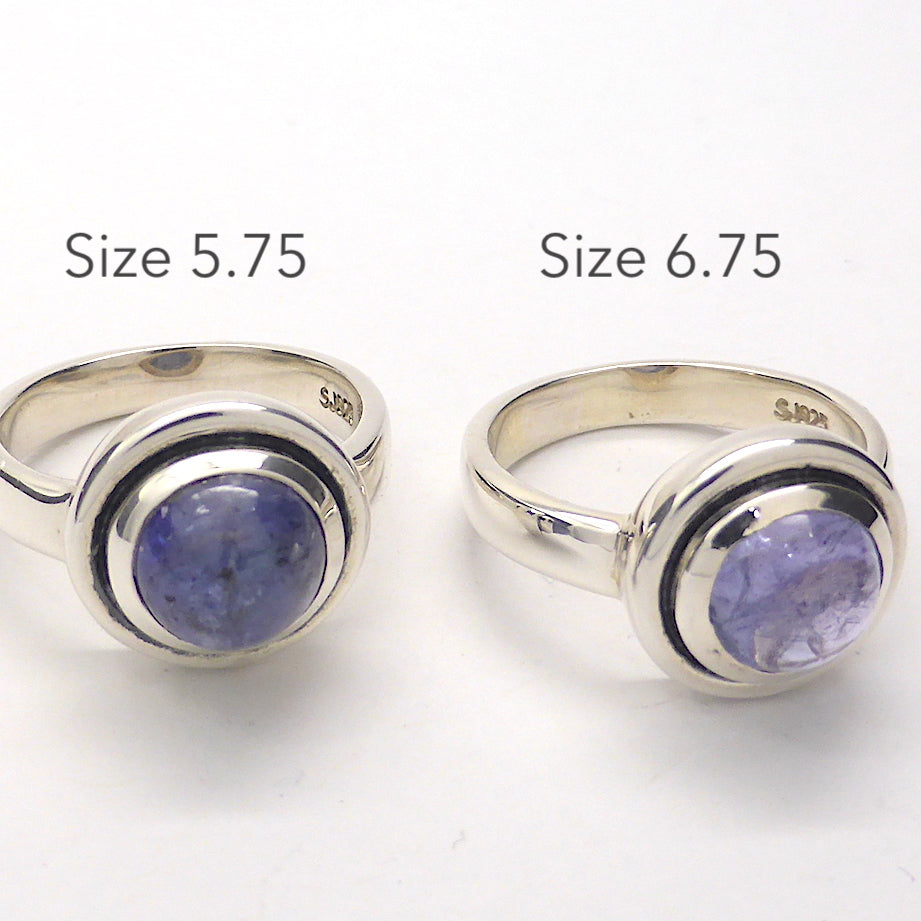 Tanzanite Ring Round Cabochon | Nice blue touch of violet | 925 Sterling Silver | Besel set | US Size 5.75, 6.75 | EU Size 51,54 | Highest Spiritual potential | Crystal Heart Melbourne Gemstones since 1986