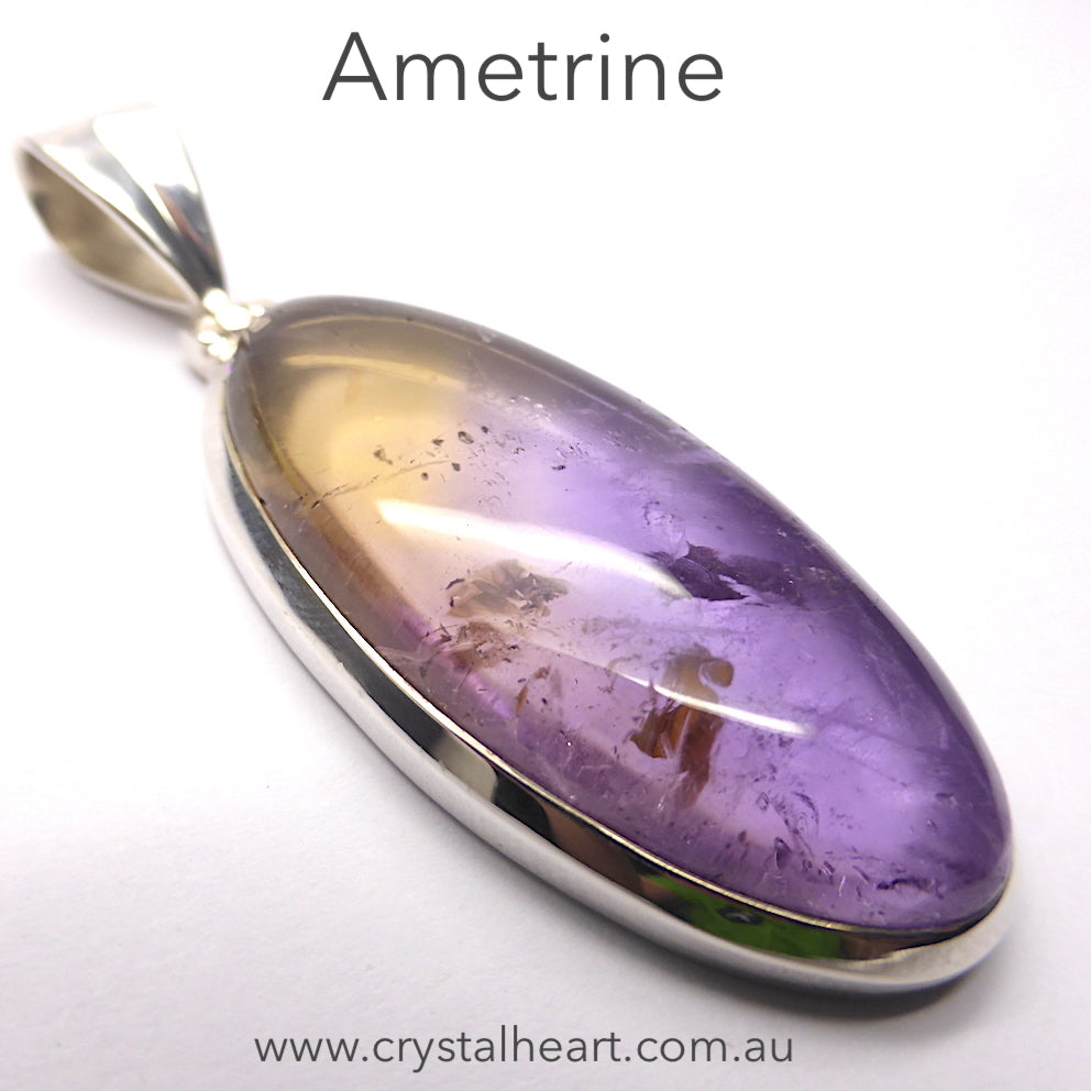 Ametrine Pendant | Oval Cabochon | Super Amethyst & Citrine Zoning | 925 Sterling Silver | Simple well made Besel Setting with classy hinged bail | Libra Stone | Crystal Heart Melbourne Australia 1986