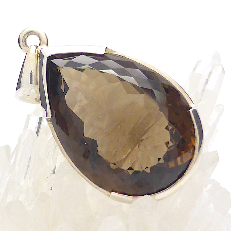 Smoky Quartz Pendant, Faceted Teardrop, 925 Silver p1