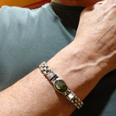 Labradorite Bracelet | Faceted Oval Stone | 925 Sterling Silver | Unisex | Rice Bracelet with 3 rows | Strong Push Pull Clasp | Crystal Heart Melbourne est 1986