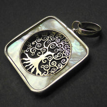 Load image into Gallery viewer, Tree Pendant Italian Design with Spiral Branches and visible roots | Set in a square Mother of Pearl Border | 925 Sterling Silver | Growth Abundance Creativity Grounding | Crystal Heart Melbourne Australia Unique Stones &amp; Silver since 1986