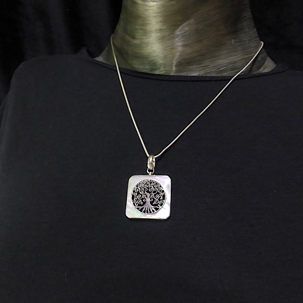 Tree Pendant Italian Design with Spiral Branches and visible roots | Set in a square Mother of Pearl Border | 925 Sterling Silver | Growth Abundance Creativity Grounding | Crystal Heart Melbourne Australia Unique Stones & Silver since 1986
