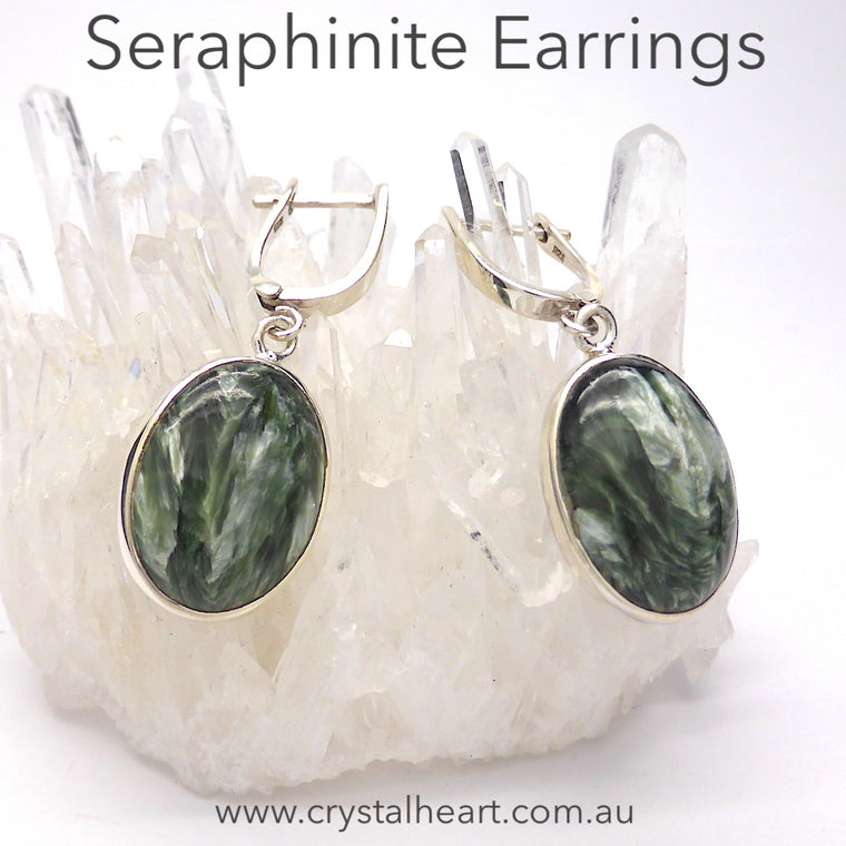 Seraphinite Earring, Teardrop Oval, 925 silver