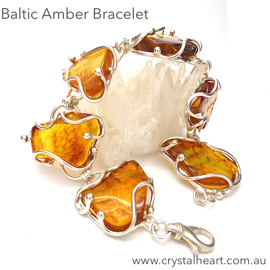 Baltic Amber Bracelet, genuine, Large Freeform Nuggets | 925 Sterling Silver | Cage Setting  | Natural Stone | Crystal Heart Melbourne Australia since 1986