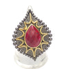 Ruby Matrix Ring | Faceted Teardrop |  925 Oxidised Sterling Silver & Rich Gold Plate | The leaf shaped face has a hammered finish | Ruby and 12 pointed Sunburst pattern a plated in Gold | Unique Antique Opulent | Crystal Heart Melbourne Australia since 1986