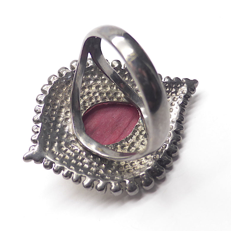 Ruby Matrix Ring | Faceted Teardrop |  925 Oxidised Sterling Silver & Rich Gold Plate | The leaf shaped face has a hammered finish | Ruby and 12 pointed Sunburst pattern a plated in Gold | Unique Antique Opulent | Crystal Heart Melbourne Australia since 1986