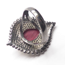 Load image into Gallery viewer, Ruby Matrix Ring | Faceted Teardrop |  925 Oxidised Sterling Silver &amp; Rich Gold Plate | The leaf shaped face has a hammered finish | Ruby and 12 pointed Sunburst pattern a plated in Gold | Unique Antique Opulent | Crystal Heart Melbourne Australia since 1986