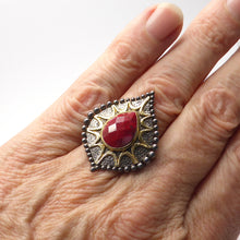 Load image into Gallery viewer, Ruby Matrix Ring | Faceted Teardrop |  925 Oxidised Sterling Silver &amp; Rich Gold Plate | The leaf shaped face has a hammered finish | Ruby and 12 pointed Sunburst pattern a plated in Gold | Unique Antique Opulent | Crystal Heart Melbourne Australia since 1986